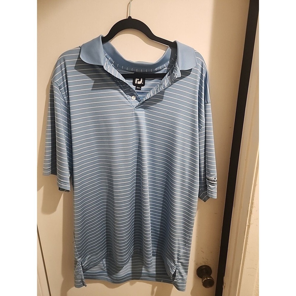 FootJoy Mens XL Blue White Striped ProDry Golf Polo Shirt Pecan Grove Plantation
